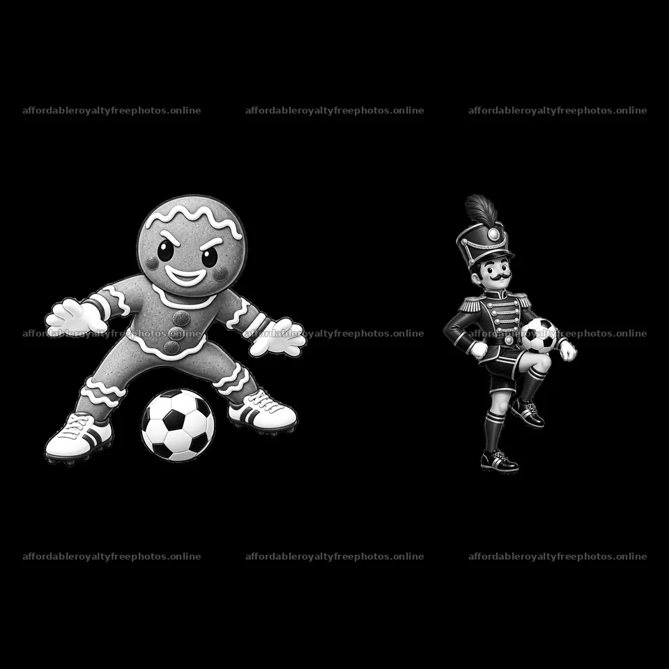Gingerbread man and soldier kicking a soccer ball for – royalty-free photos 7746x7746