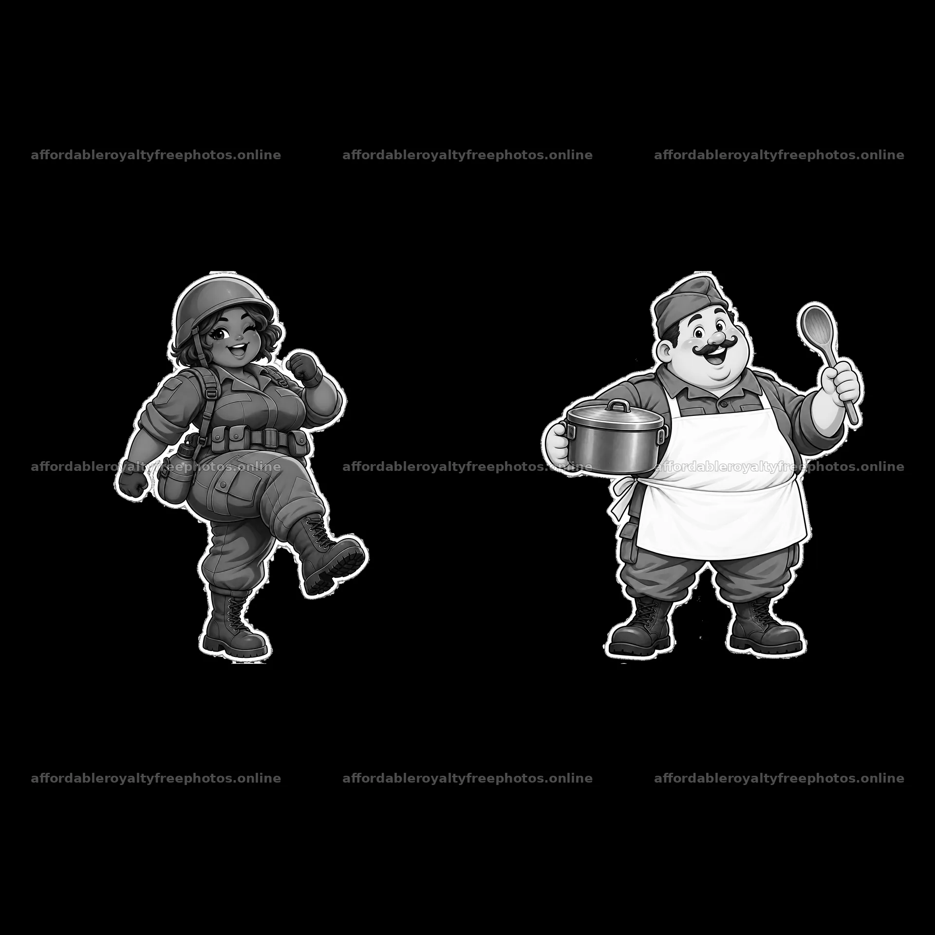 Chubby soldier and chef characters in monochrome style – royalty-free photos 7746x7746