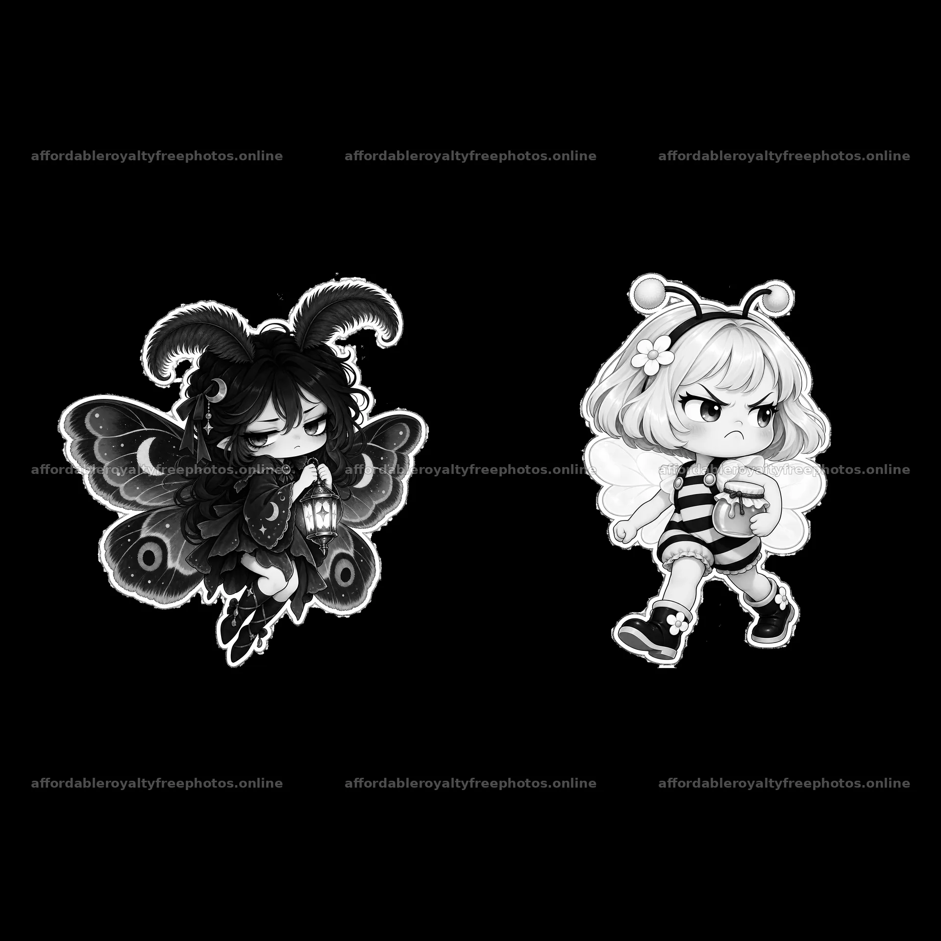 Kawaii grumpy fairies with butterfly wings and striped – royalty-free photos 7746x7746