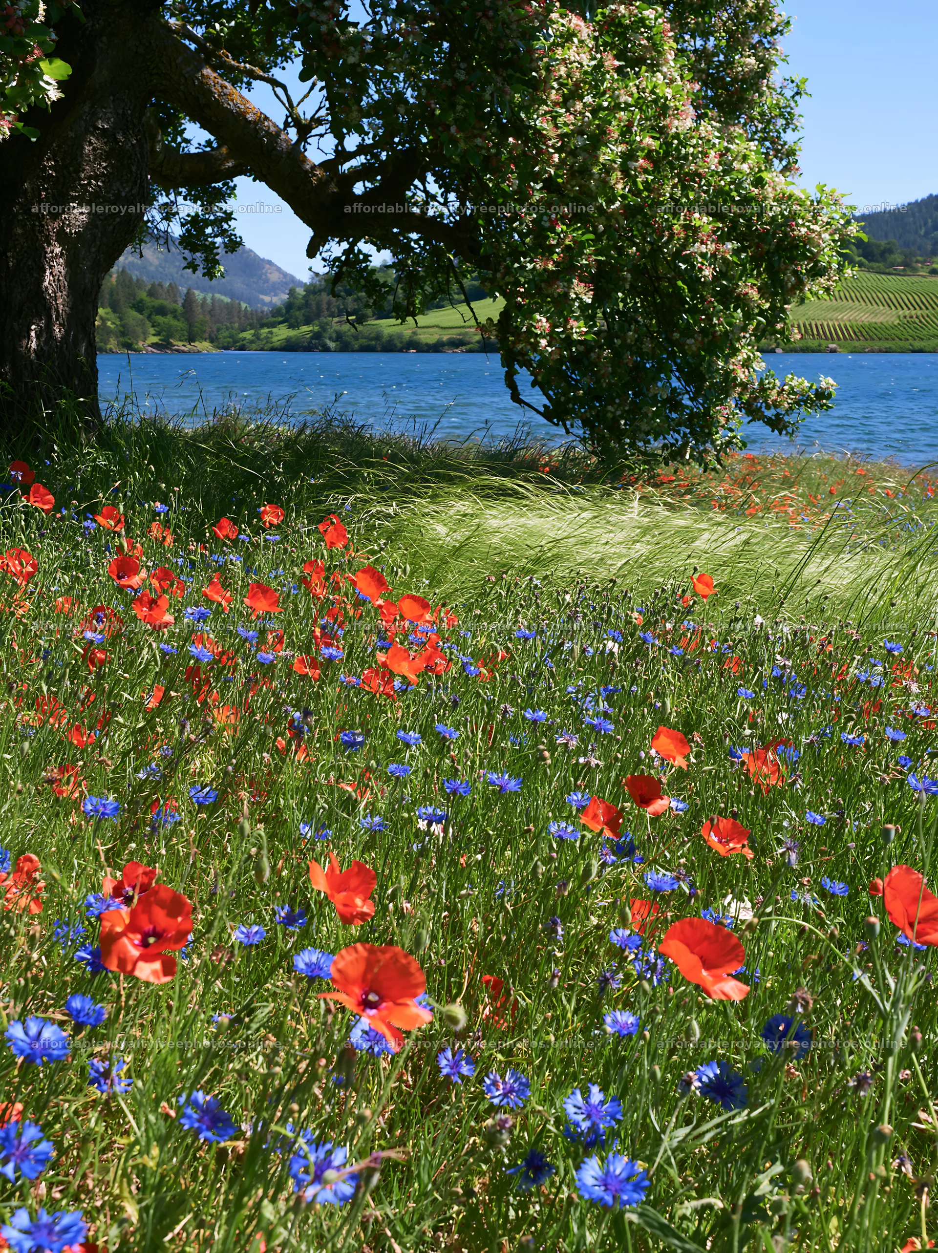 Lakeside orchard meadow with wildflowers and gentle – royalty-free photos 6866x9174
