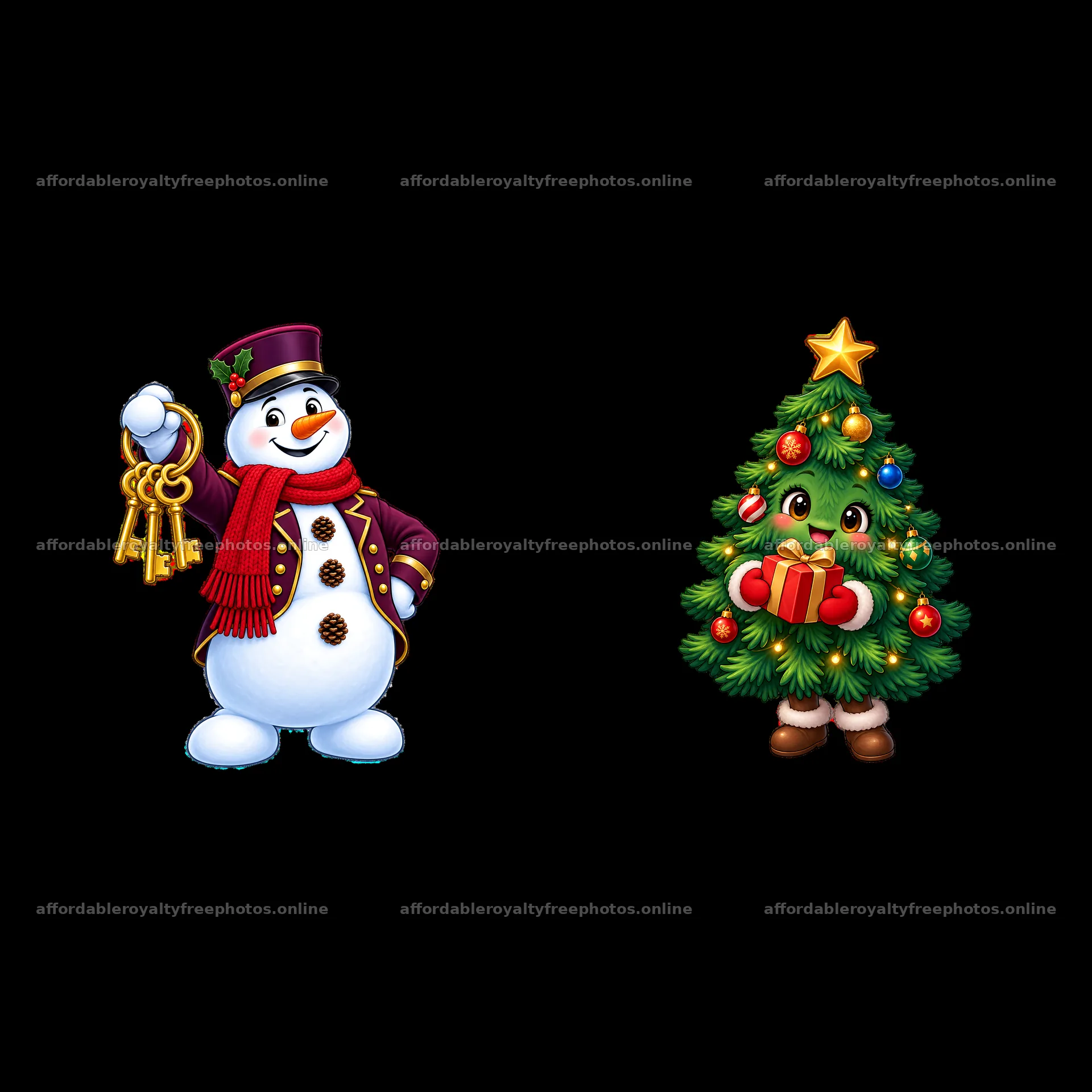 Snowman with keys and Christmas tree with gift – royalty-free photos 7746x7746