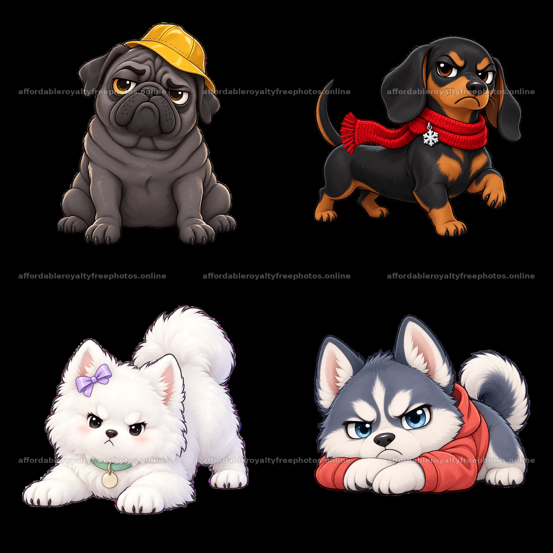 Kawaii grumpy dogs with playful expressions in a 2x2 – royalty-free photos 7746x7746