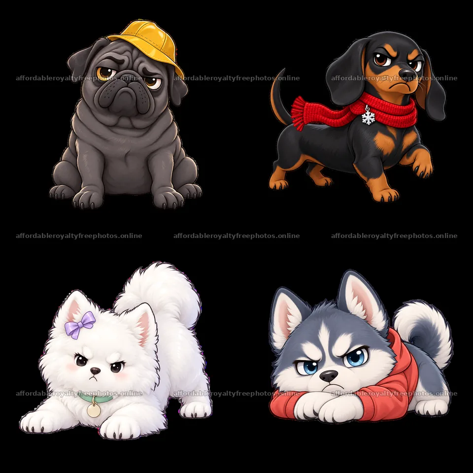 Kawaii grumpy dogs with playful expressions in a 2x2 – royalty-free photos 7746x7746