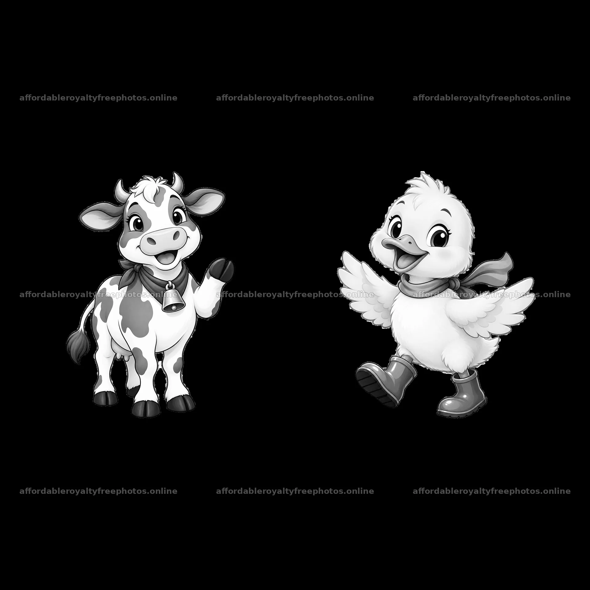 Cheerful cow and duck cartoon characters with accessories – royalty-free photos 7746x7746