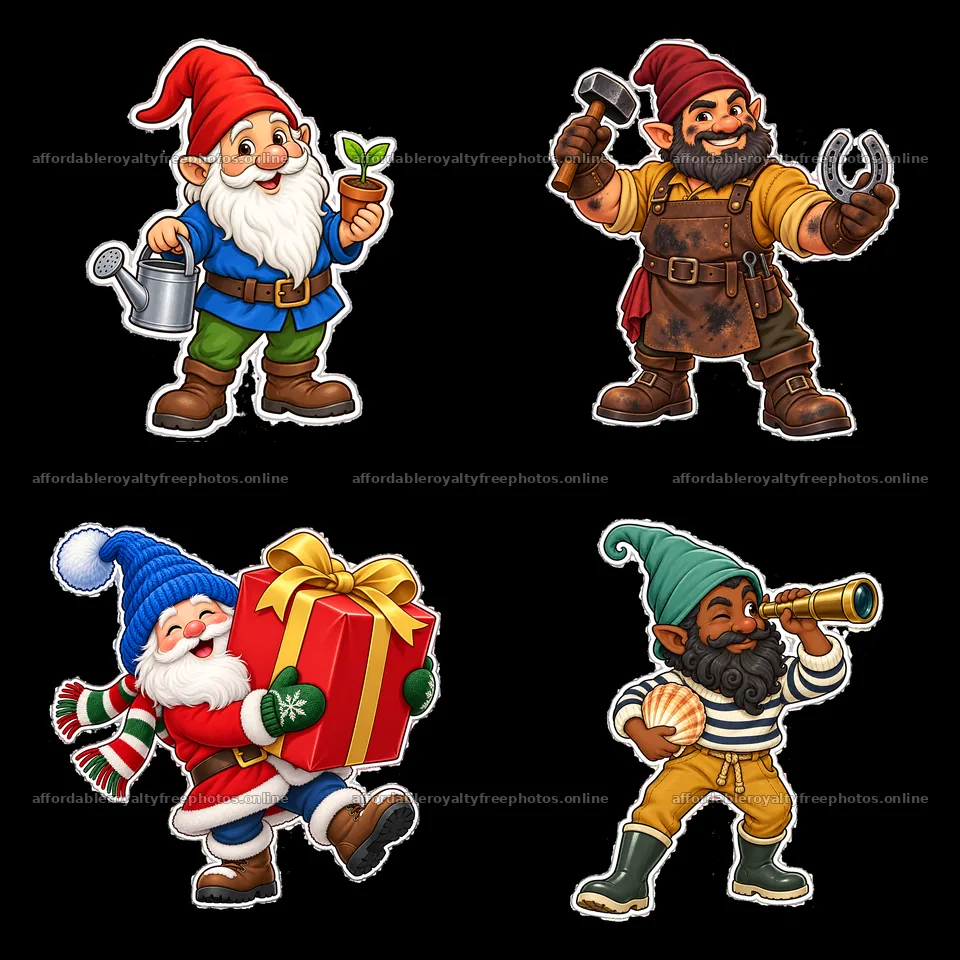 Gnomes engaging in various activities with tools and – royalty-free photos 7746x7746