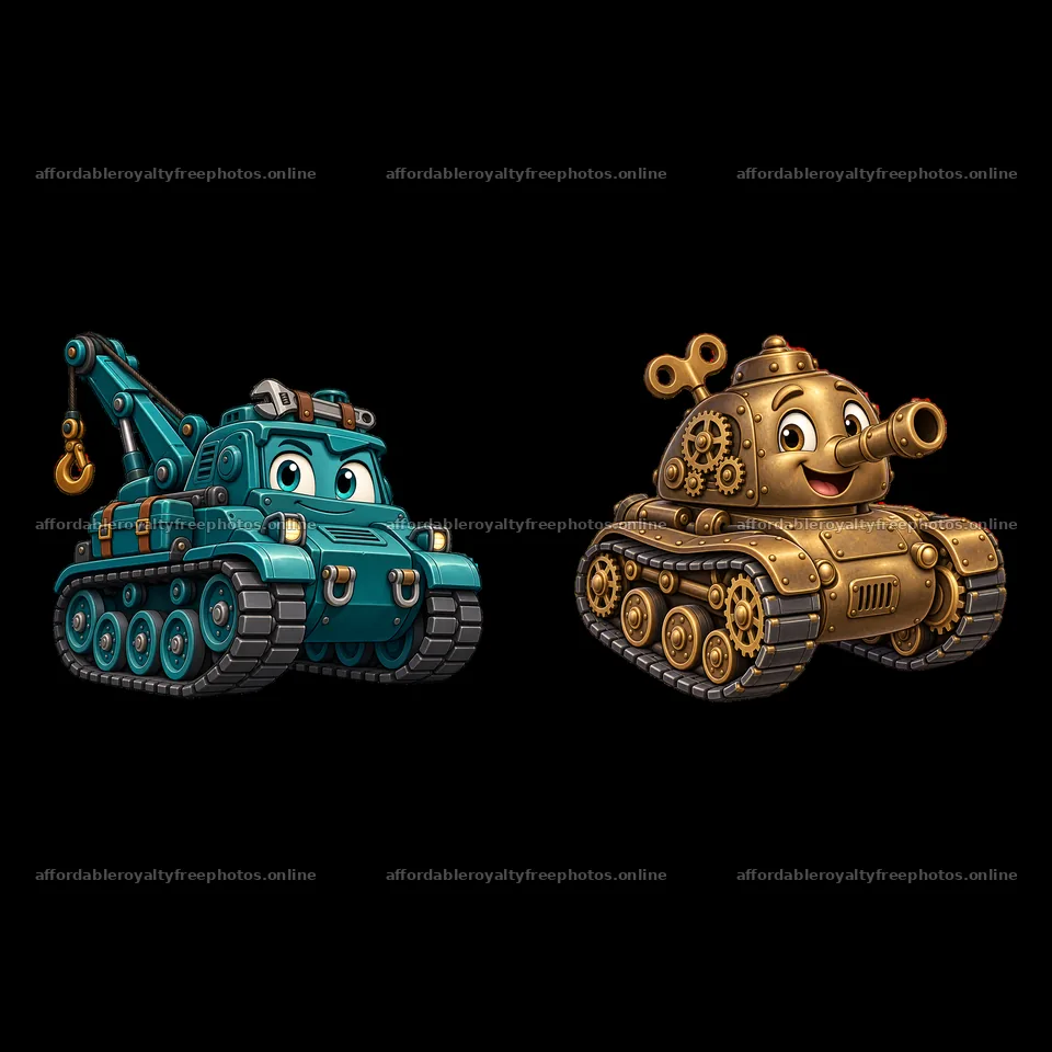 Colorful cartoon tank and crane vehicle stickers – royalty-free photos 7746x7746