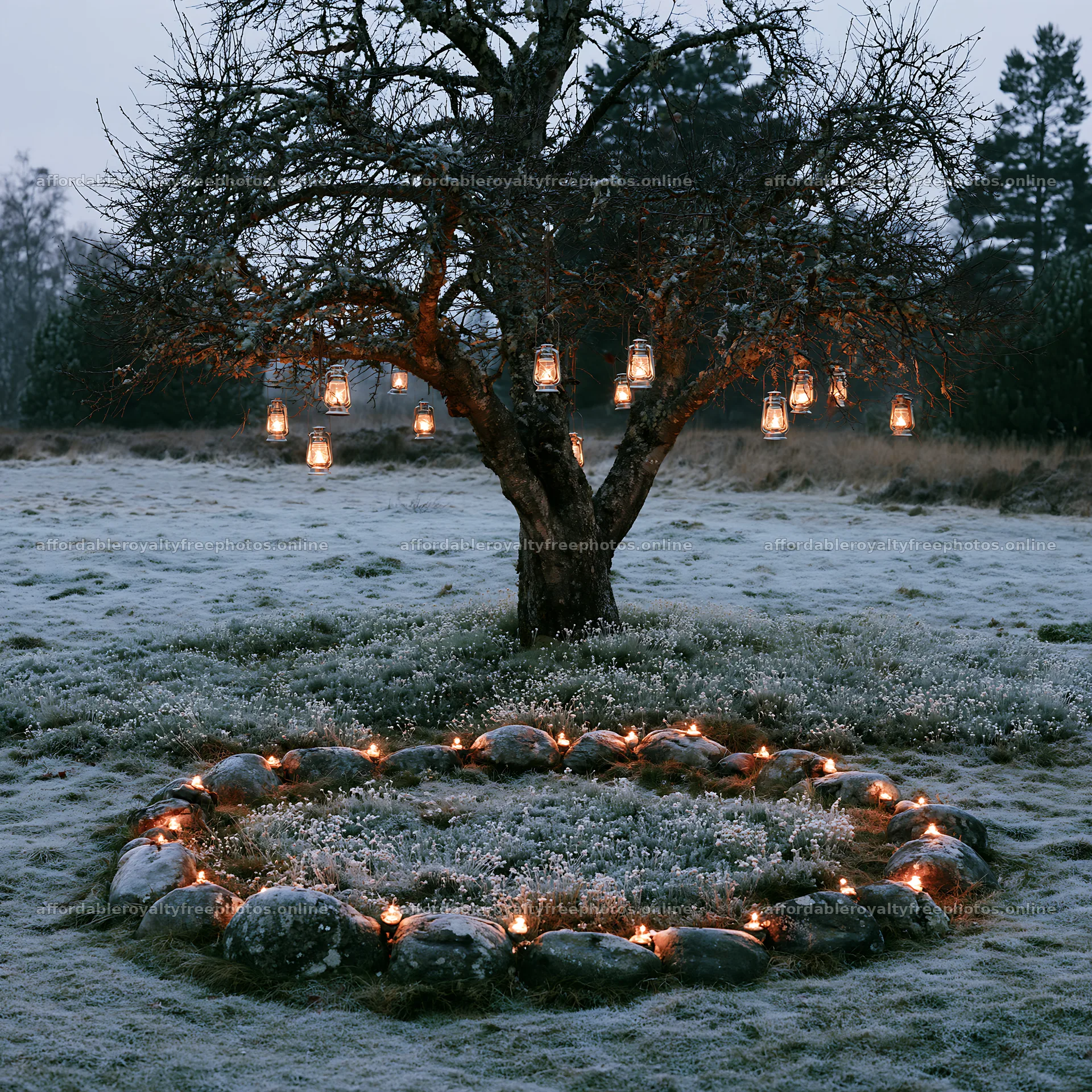 Christmas apple tree surrounded by stones and lanterns – royalty-free photos 7938x7938
