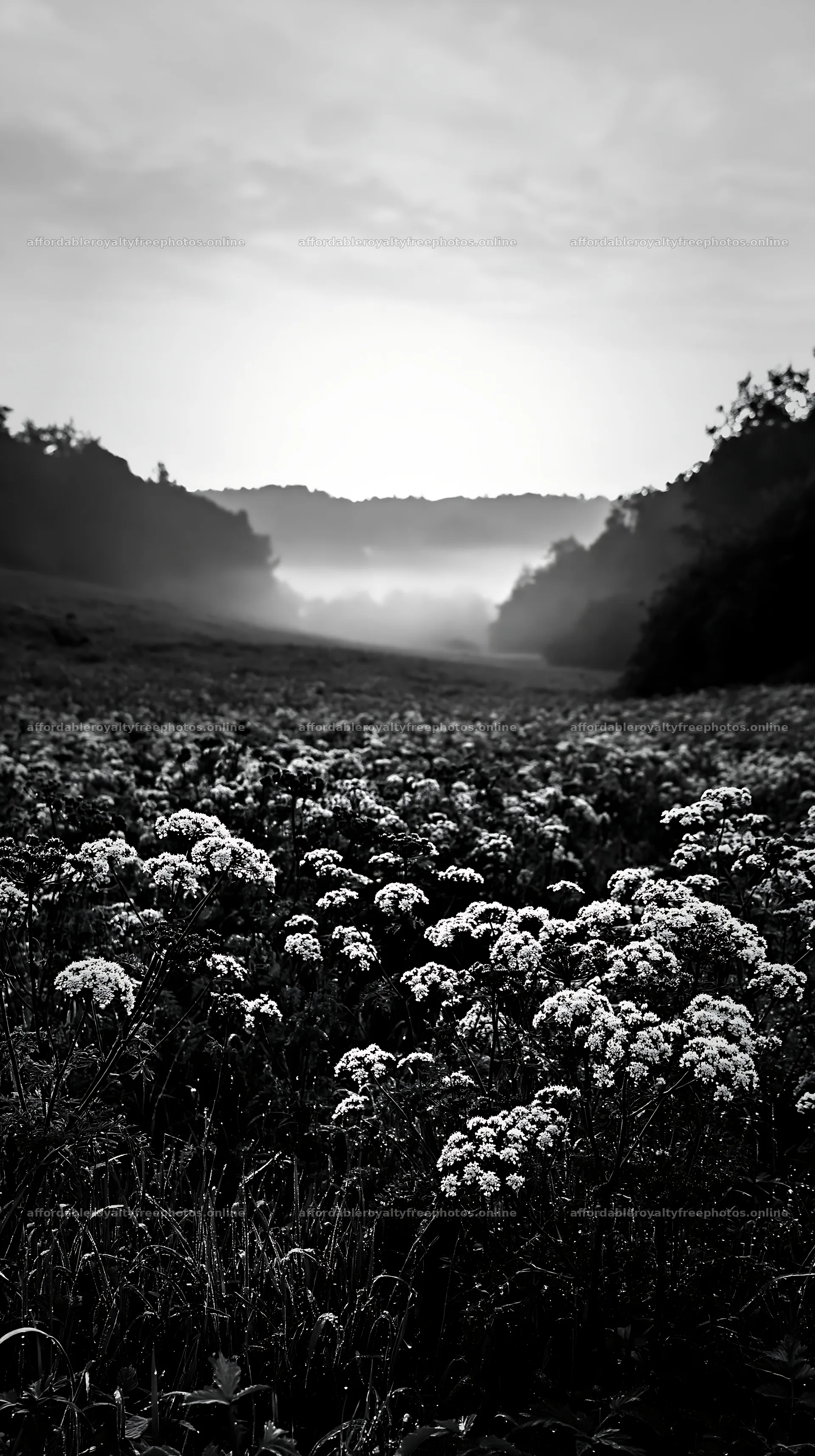 Cow parsley meadow at sunrise with soft mist in the – royalty-free photos 5938x10608