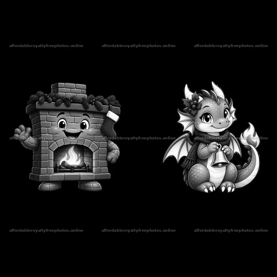 Cartoon fireplace and dragon character with Christmas themes – royalty-free photos 7746x7746