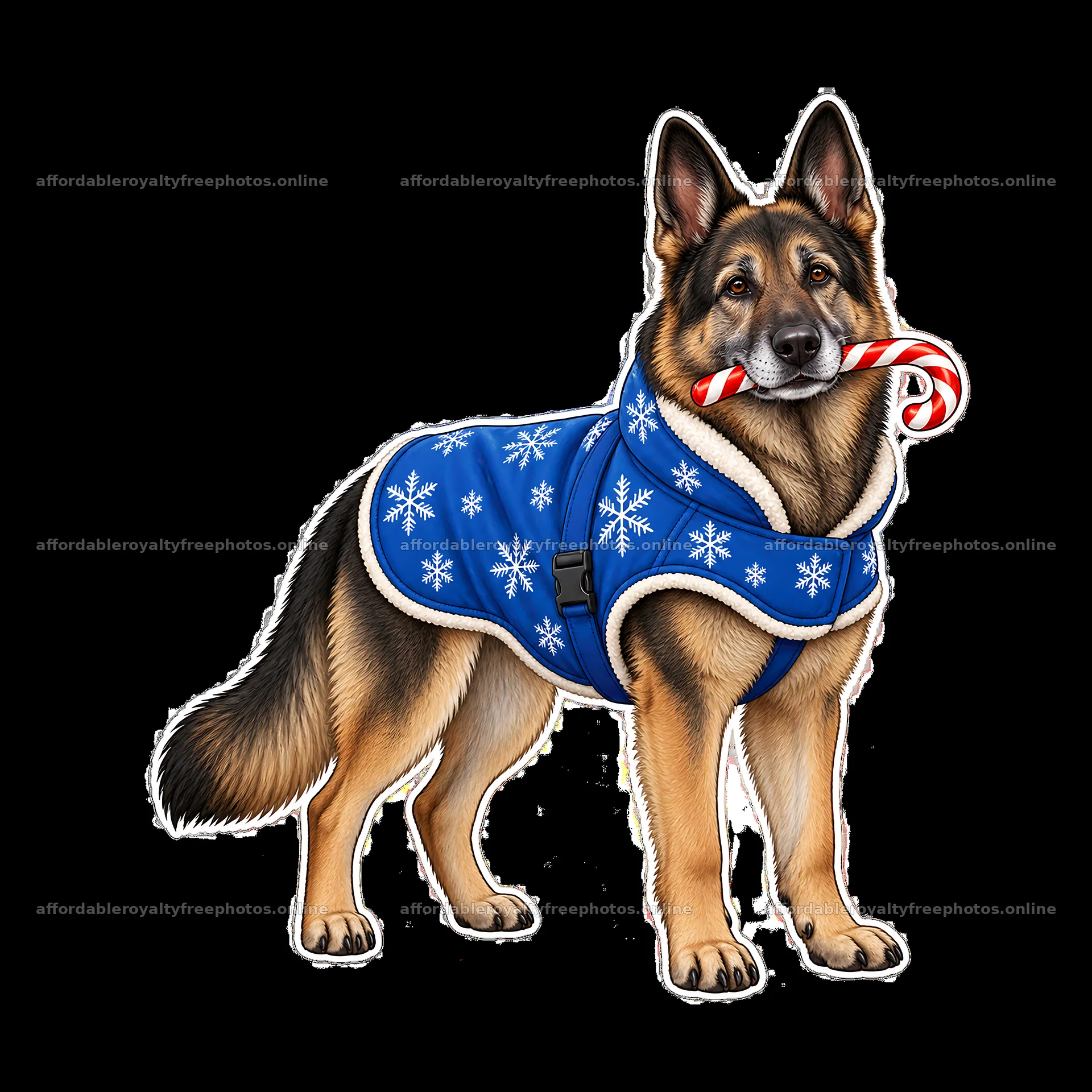 Christmas German Shepherd in blue winter coat holding – royalty-free photos 7746x7746