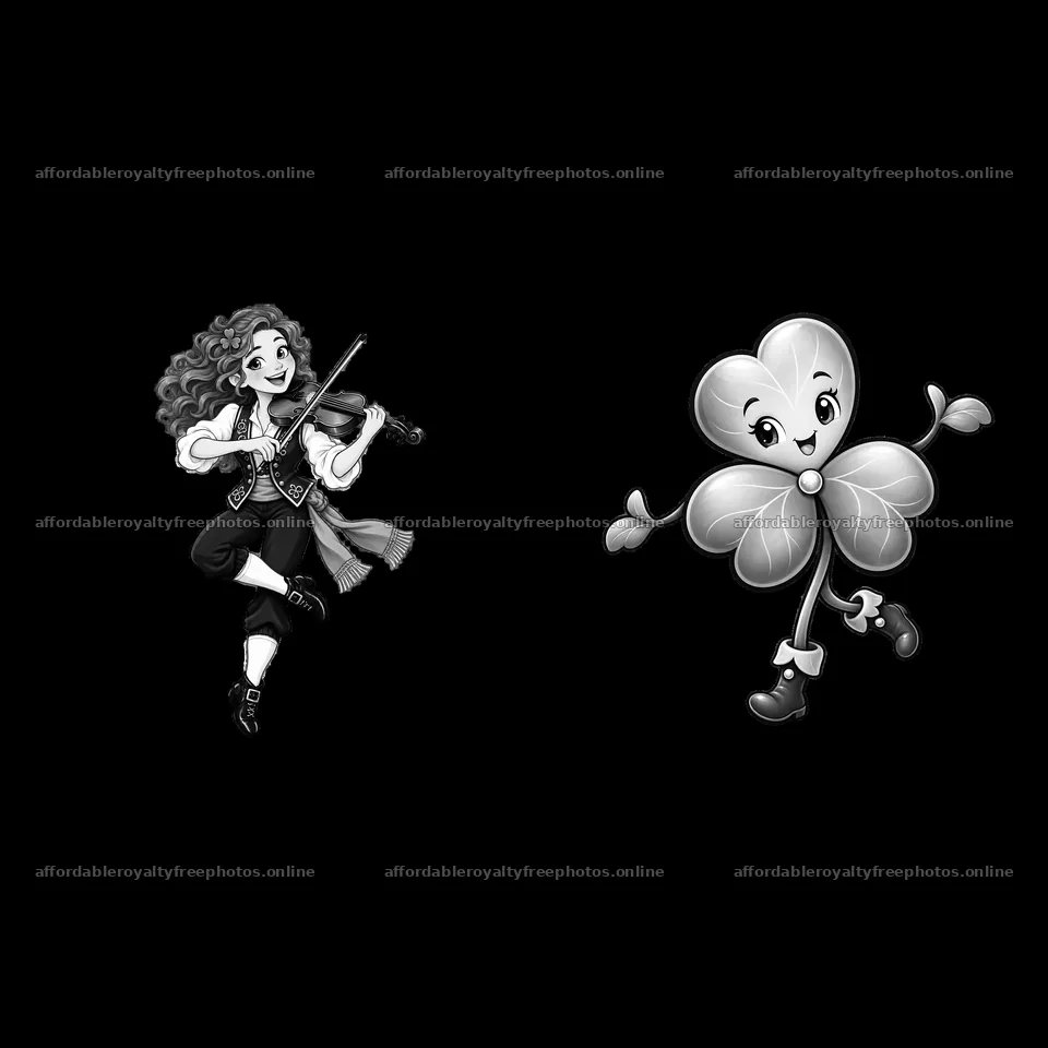 Violin-playing girl with dancing shamrock for St. – royalty-free photos 7746x7746