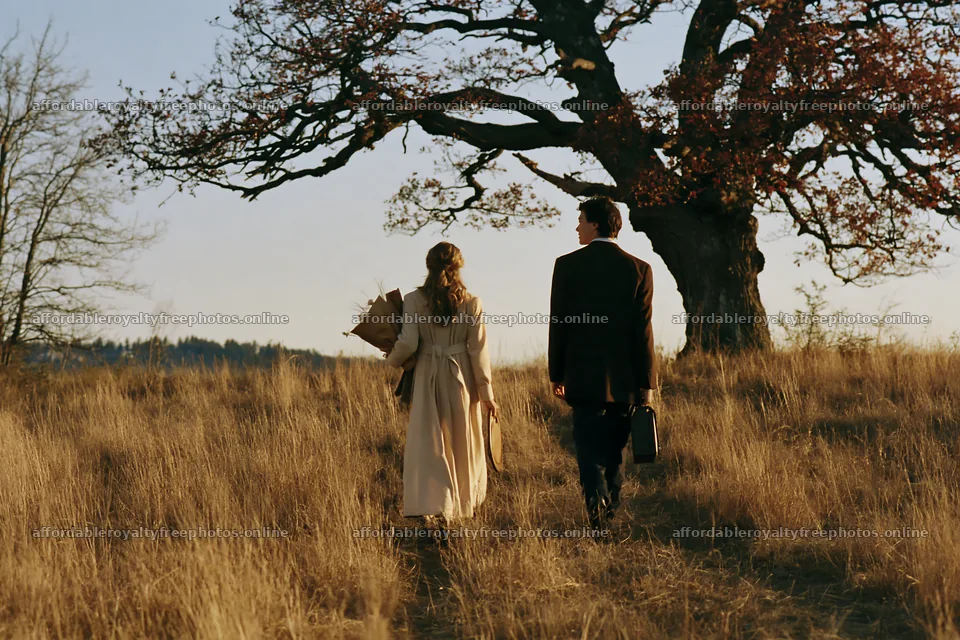 Couple walking through golden field near large tree at – royalty-free photos 9722x6480