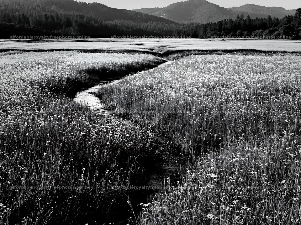 Winding stream through a meadow in high contrast black – royalty-free photos 9174x6866