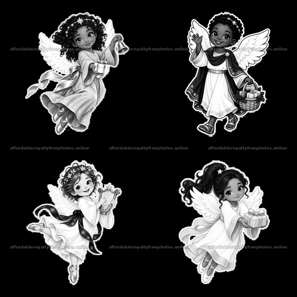Christ Child figures bringing gifts in black-and-white – royalty-free photos 7746x7746