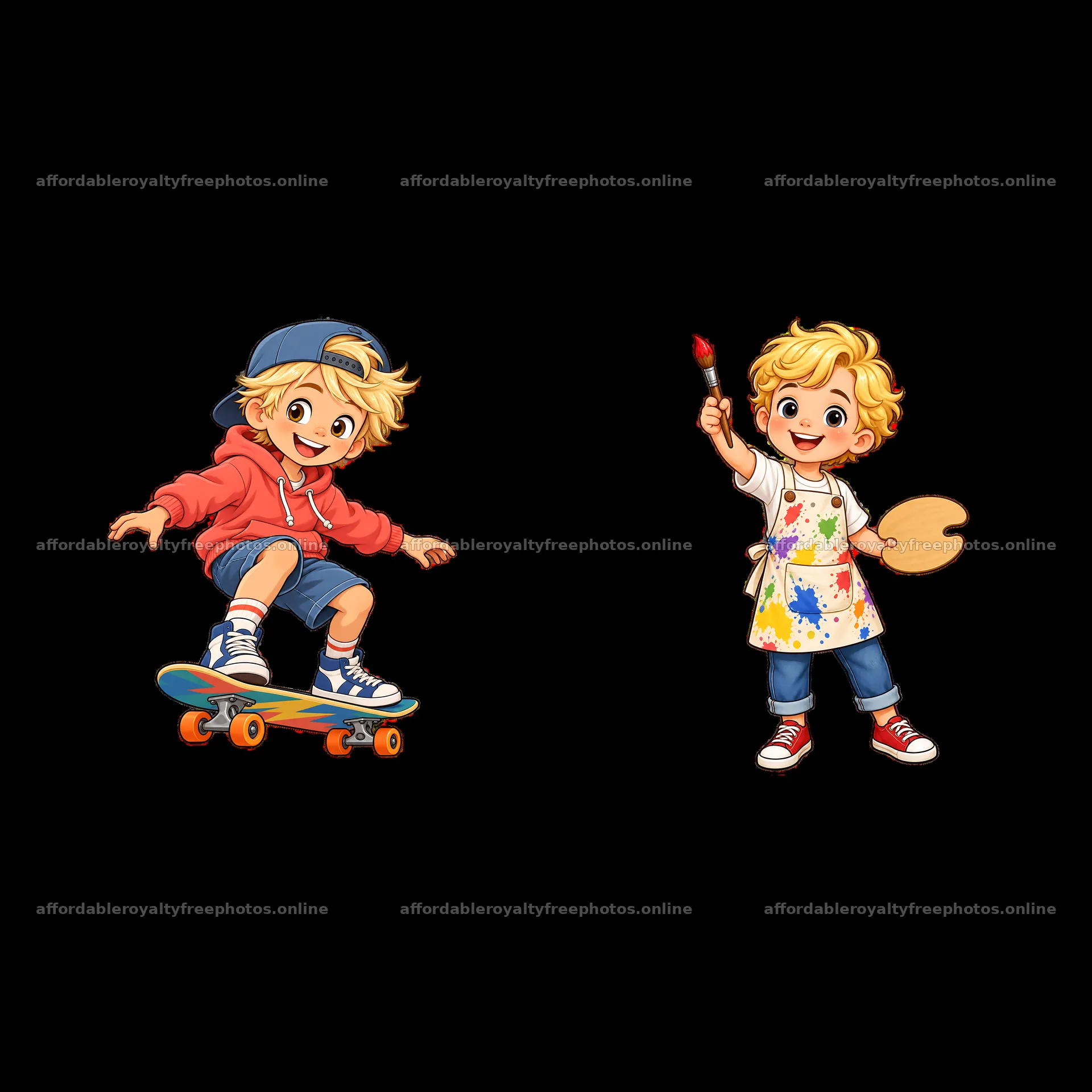 Blond child on skateboard and child with palette and – royalty-free photos 7746x7746