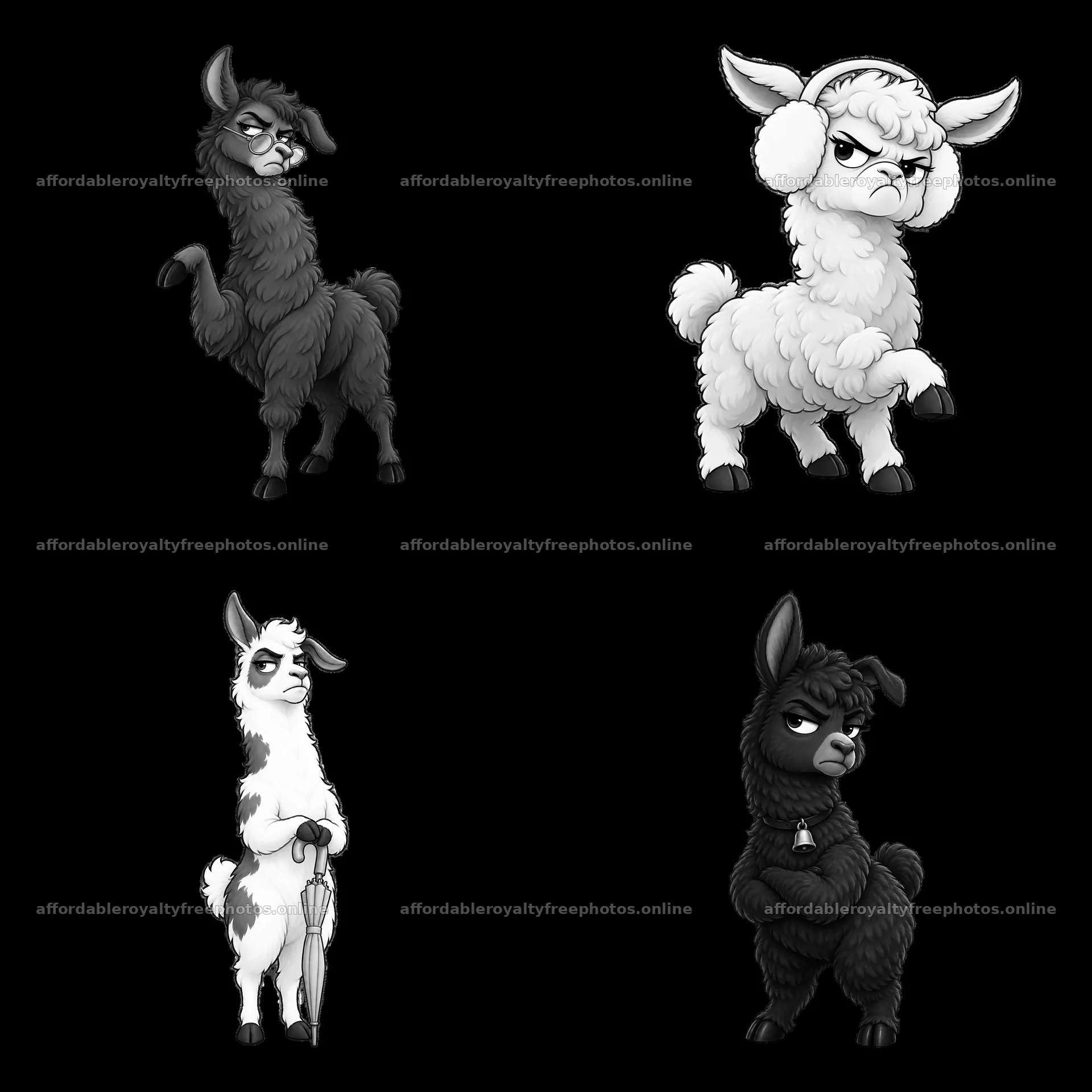 Grumpy llama characters in a 2x2 cartoon sticker layout – royalty-free photos 7746x7746