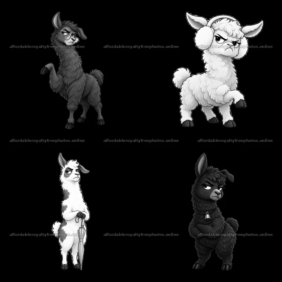 Grumpy llama characters in a 2x2 cartoon sticker layout – royalty-free photos 7746x7746