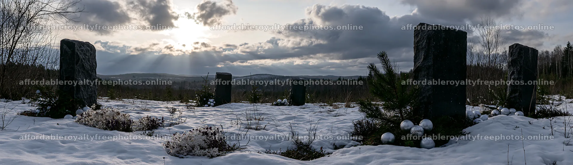 Snowy meadow with Christmas ornaments under clouds – royalty-free photos 14762x4268