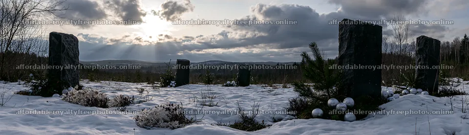 Snowy meadow with Christmas ornaments under clouds – royalty-free photos 14762x4268