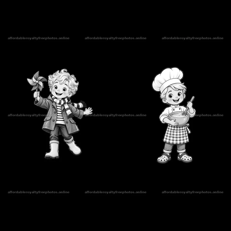 Blond child with pinwheel and child chef holding a bowl – royalty-free photos 7746x7746