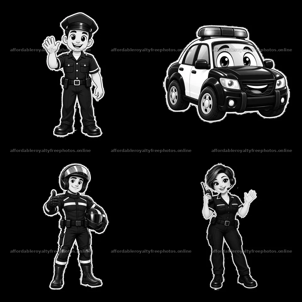 Cartoon police characters with police car in black and – royalty-free photos 7746x7746