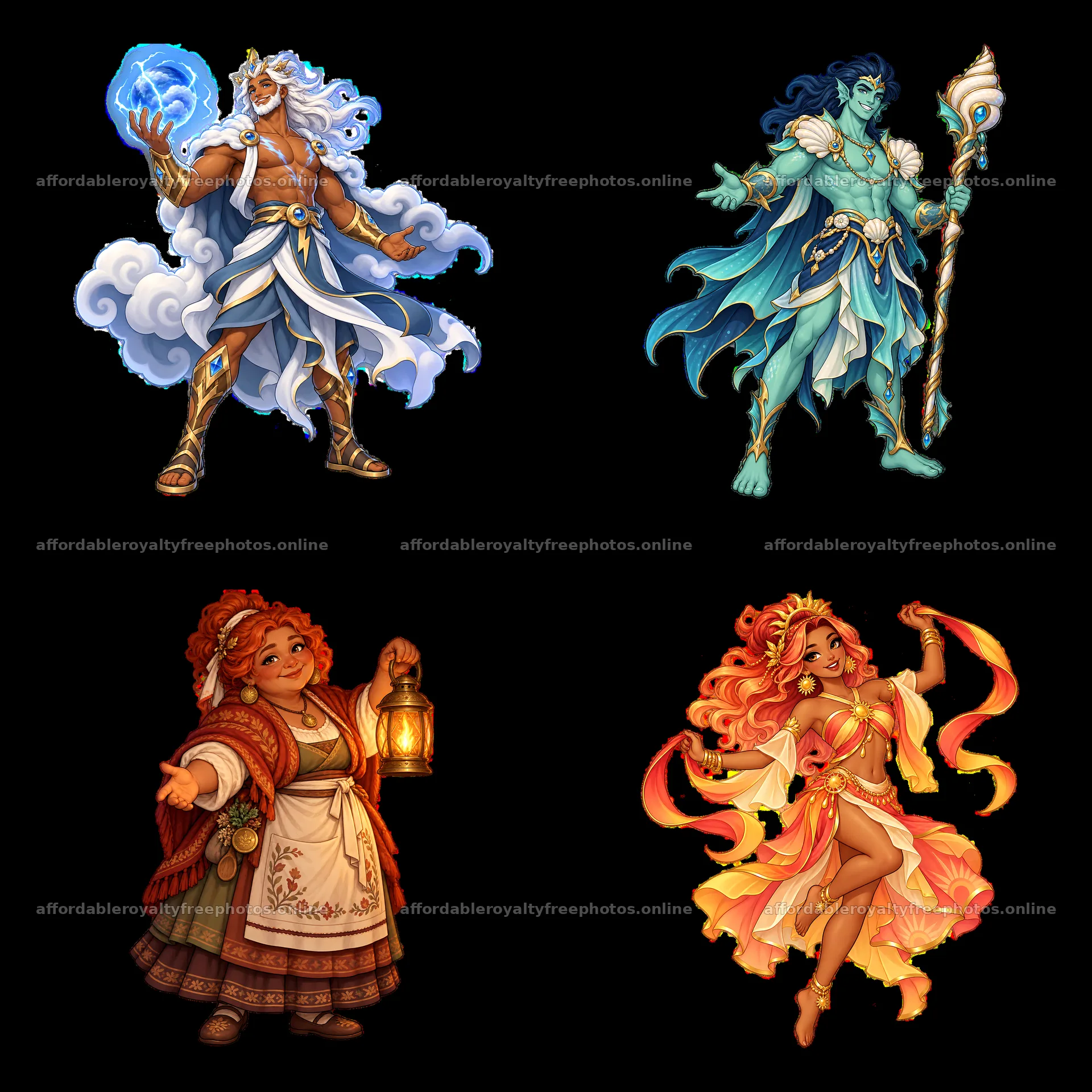 Pagan Gods illustrated in a vibrant 2x2 sticker grid – royalty-free photos 7746x7746