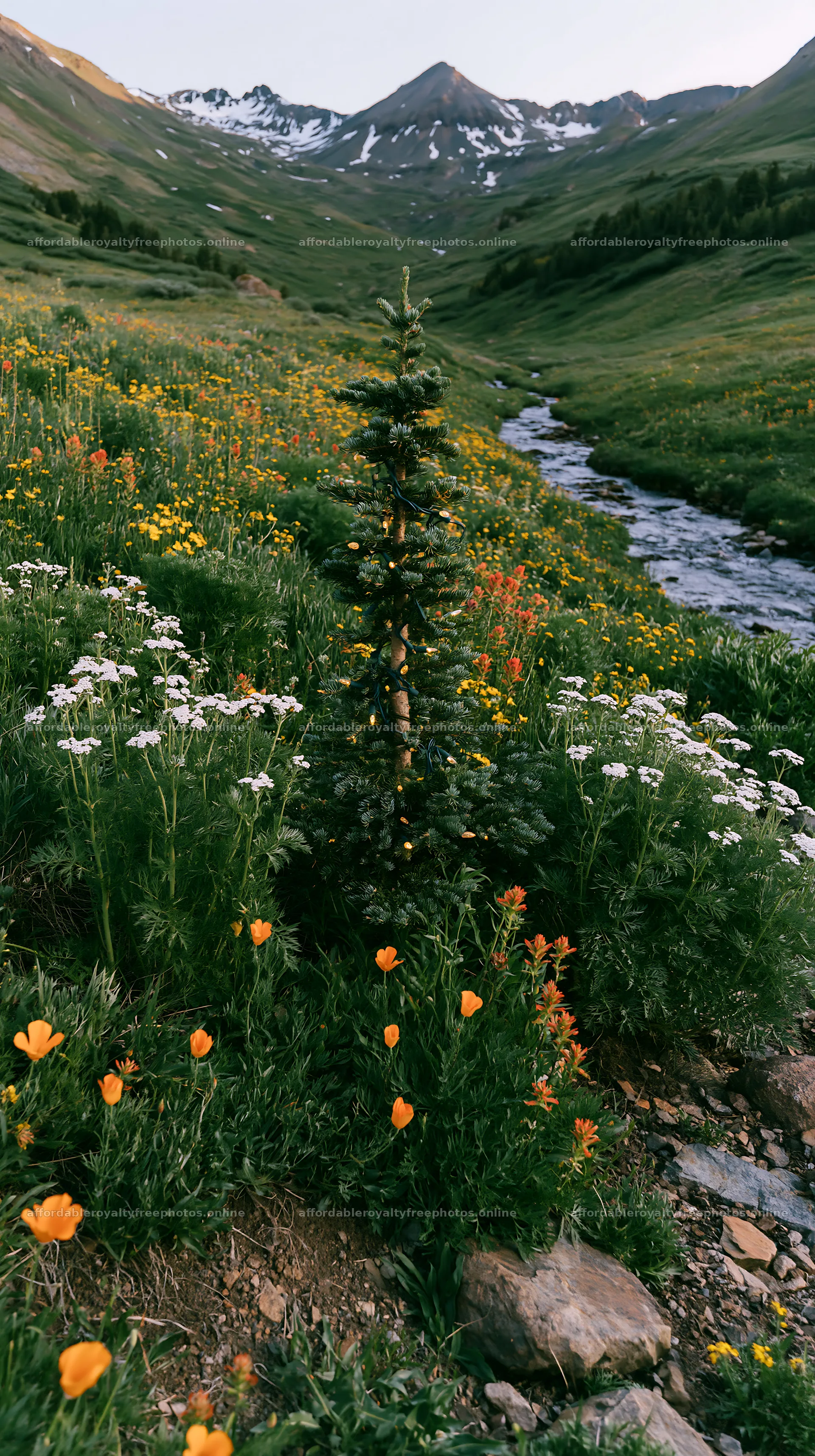 Christmas tree with lights beside stream in meadow – royalty-free photos 5938x10608