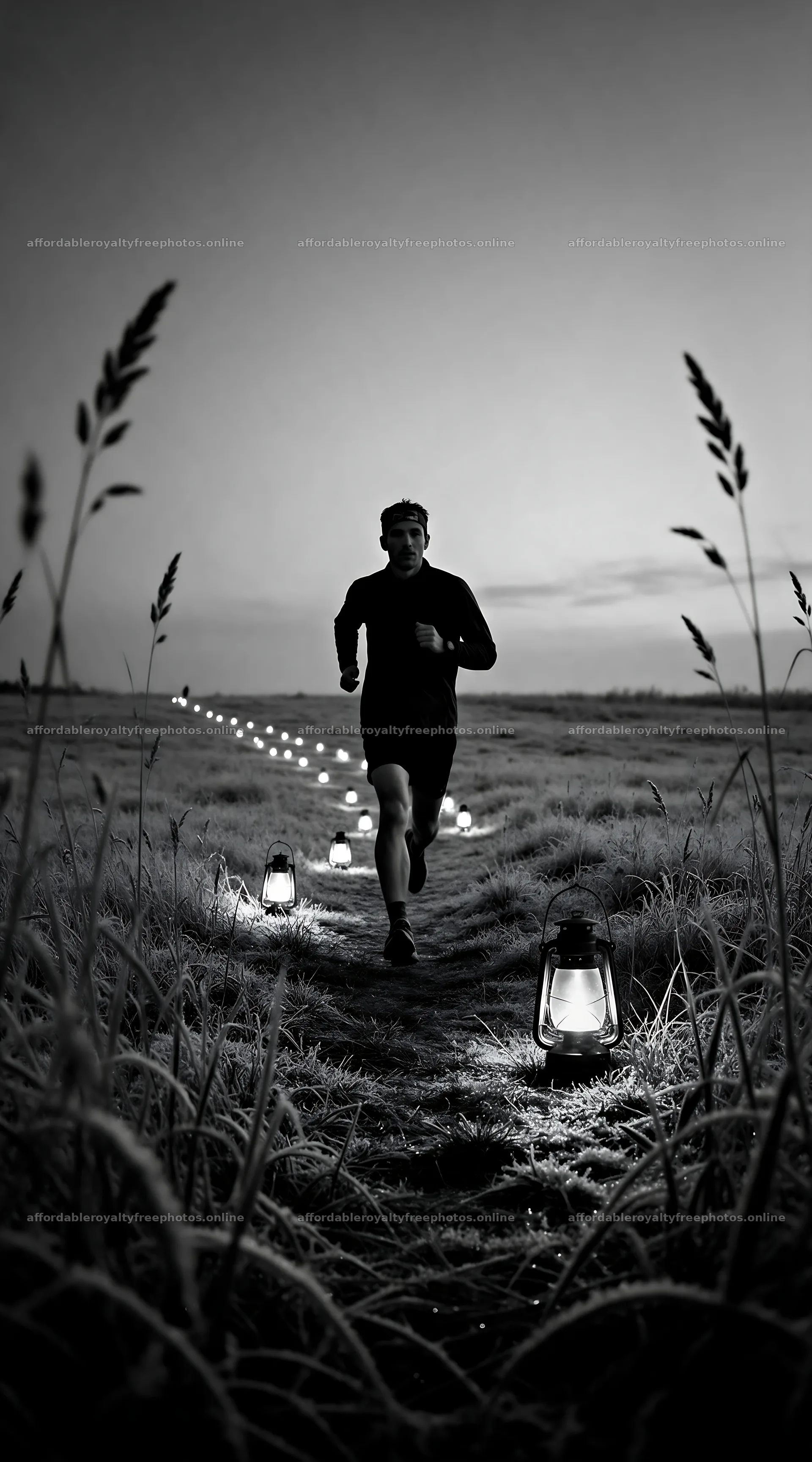 Evening meadow path with lanterns and a runner – royalty-free photos 5916x10648
