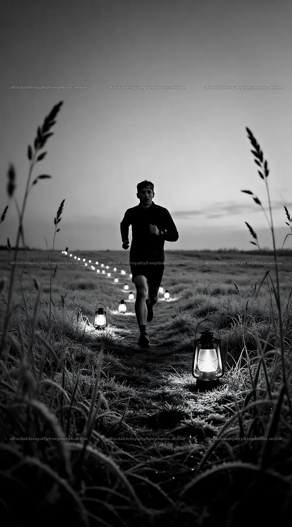 Evening meadow path with lanterns and a runner – royalty-free photos 5916x10648