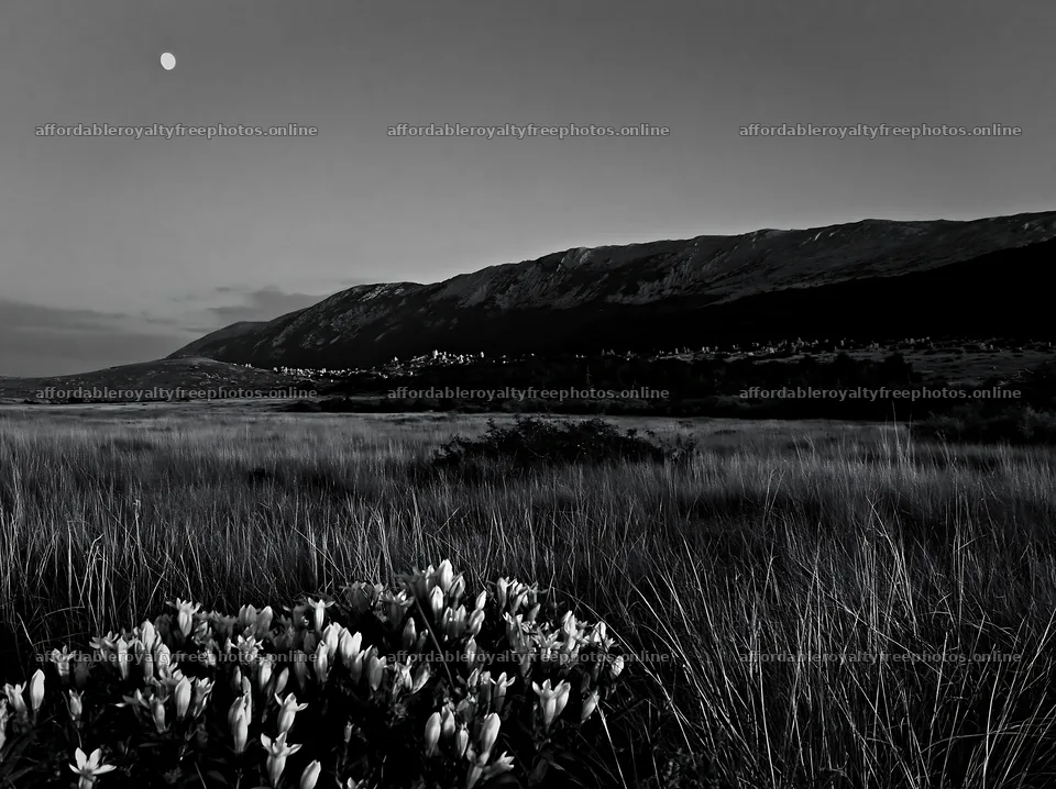 Moonrise over a meadow with flowers and mountains in the – royalty-free photos 9174x6866
