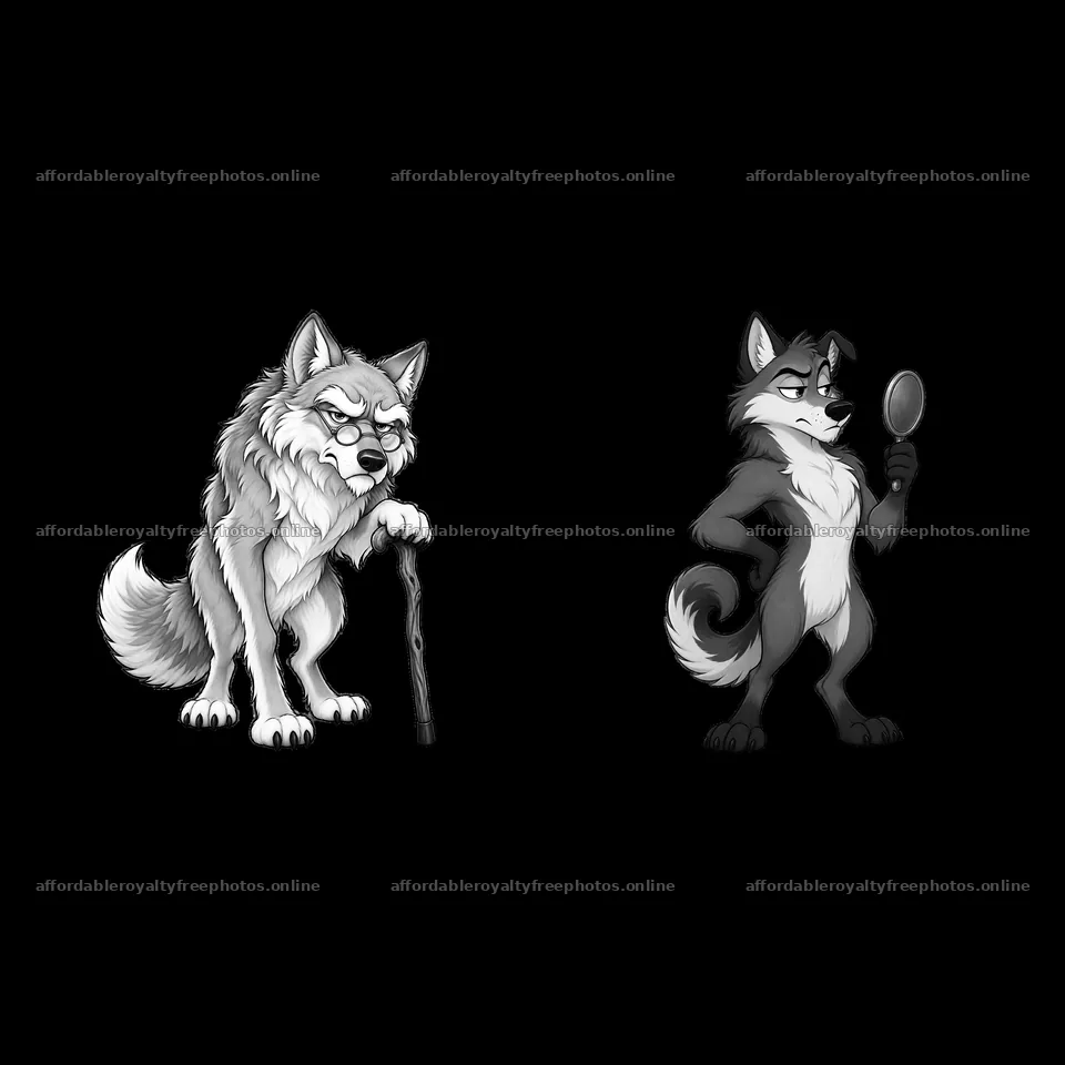 Grumpy wolf with cane and confident wolf holding a – royalty-free photos 7746x7746