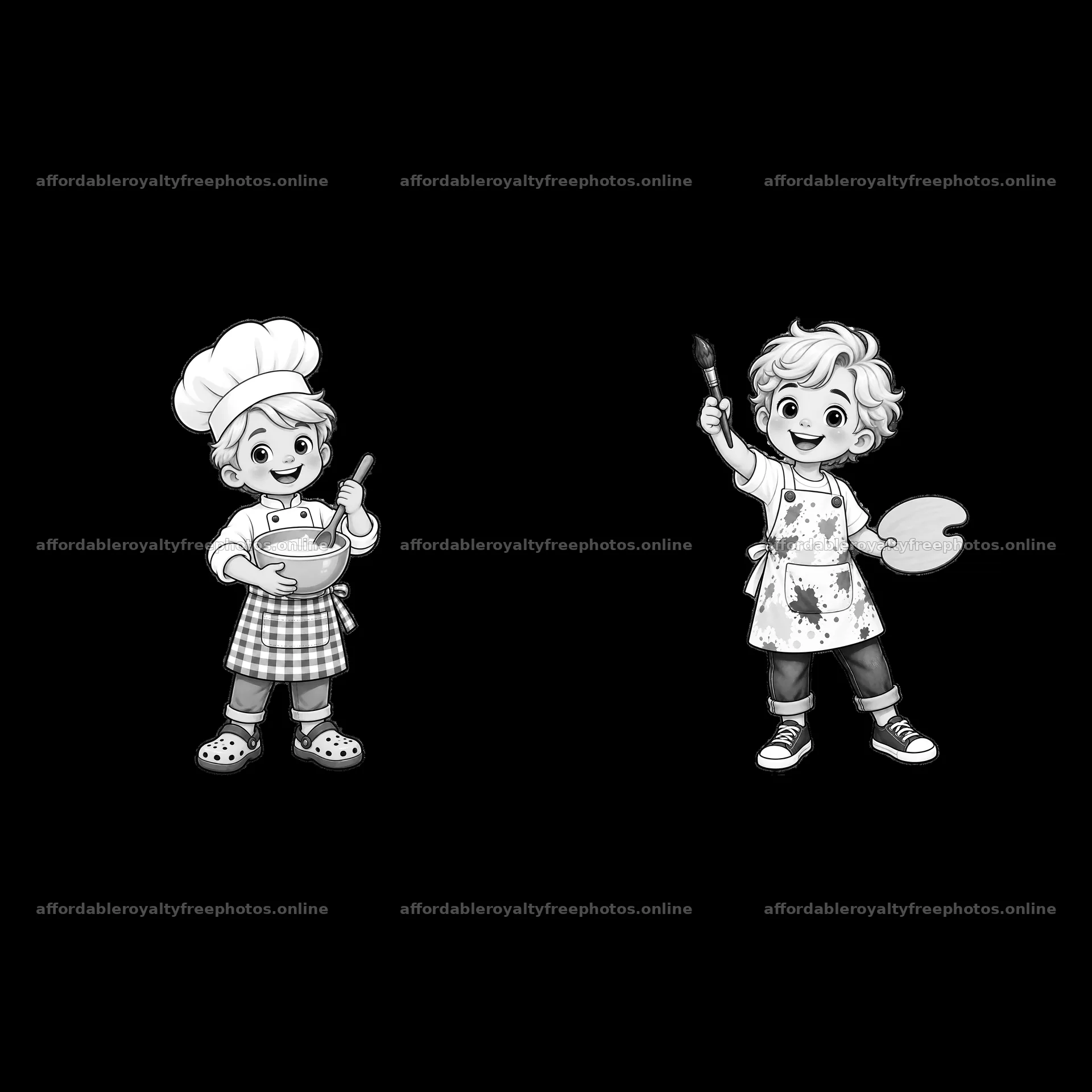 Blond children in chef and painter outfits holding tools – royalty-free photos 7746x7746