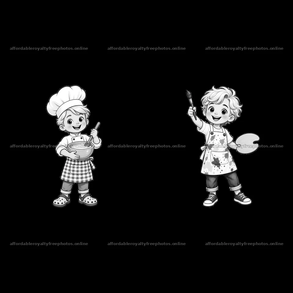 Blond children in chef and painter outfits holding tools – royalty-free photos 7746x7746