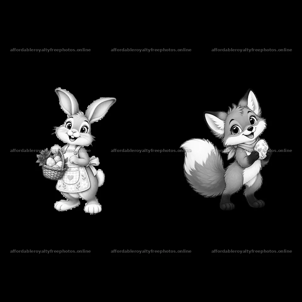 Easter bunny carrying eggs with a fox holding a cookie – royalty-free photos 7746x7746
