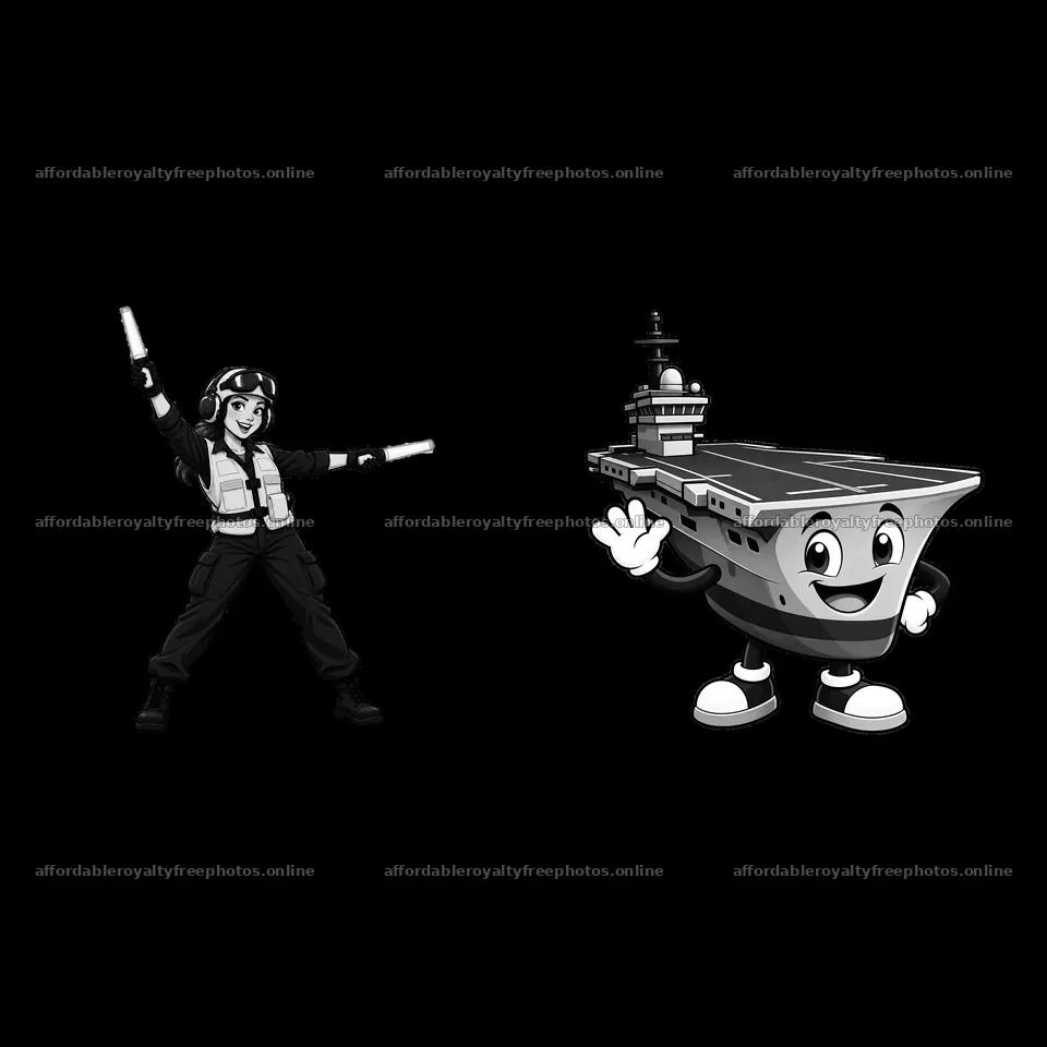 Cartoon characters with aircraft carrier in black and – royalty-free photos 7746x7746