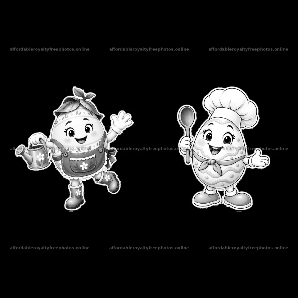 Easter egg characters with watering can and cooking spoon – royalty-free photos 7746x7746