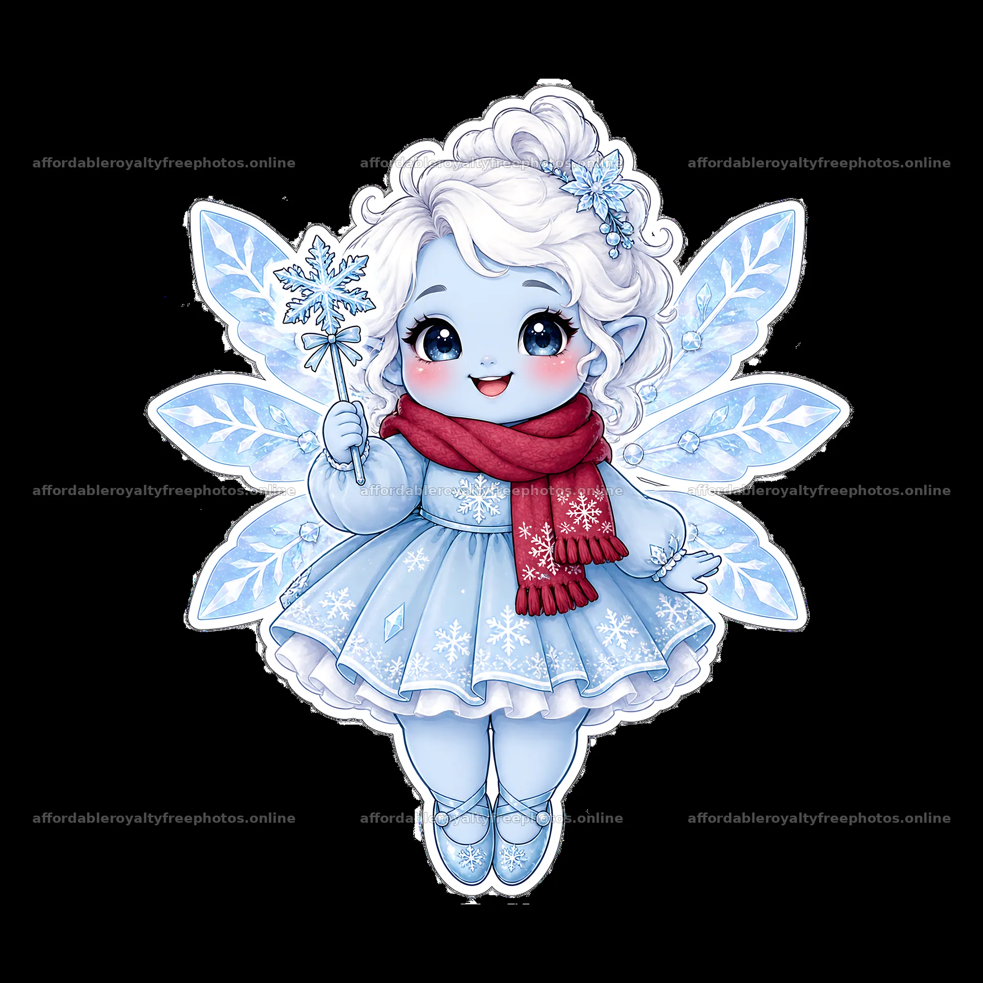 Chubby fairy character in blue dress with snowflake wand – royalty-free photos 7746x7746