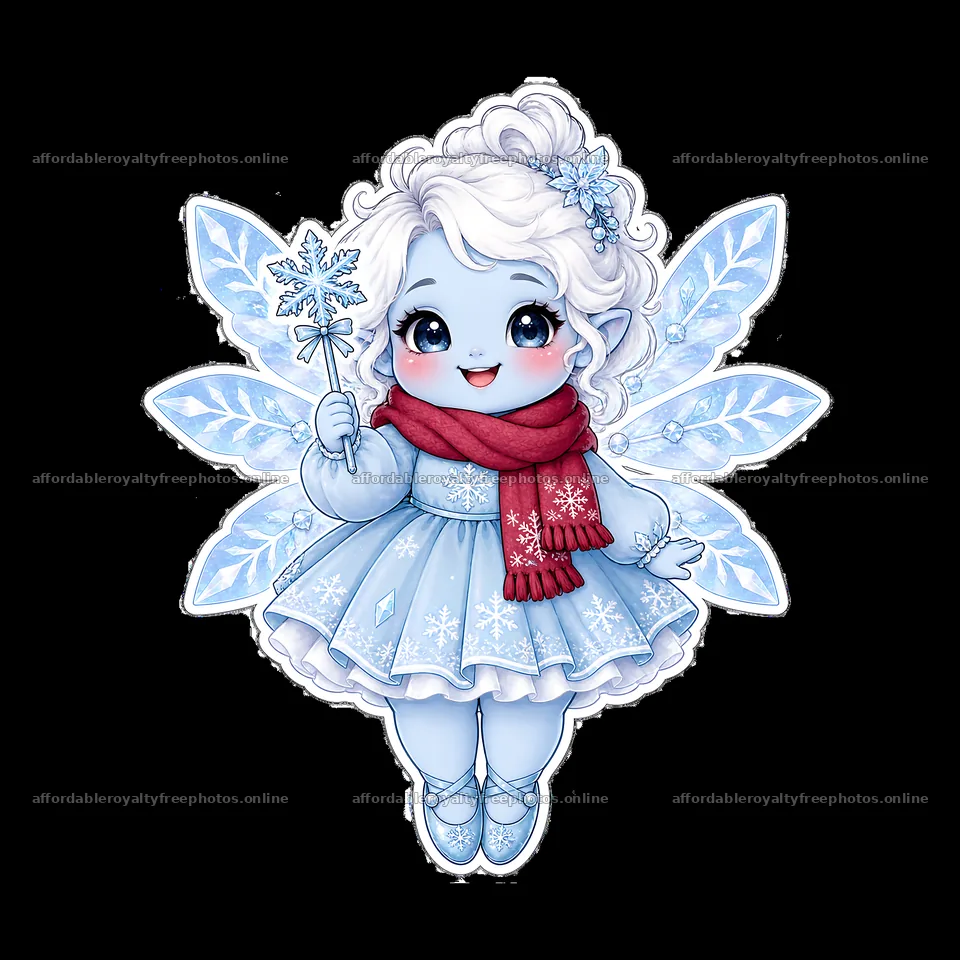 Chubby fairy character in blue dress with snowflake wand – royalty-free photos 7746x7746