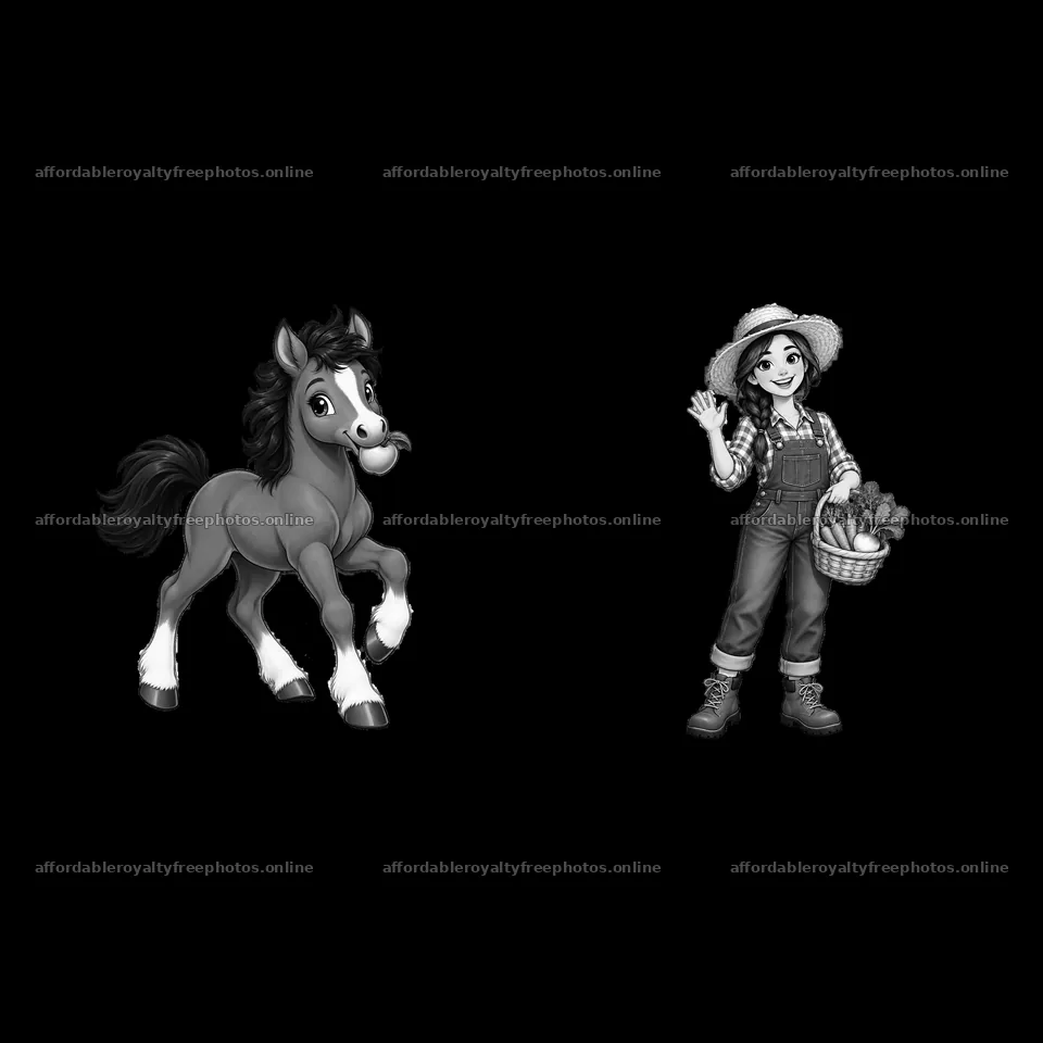 Cartoon horse and farmer girl holding basket of – royalty-free photos 7746x7746