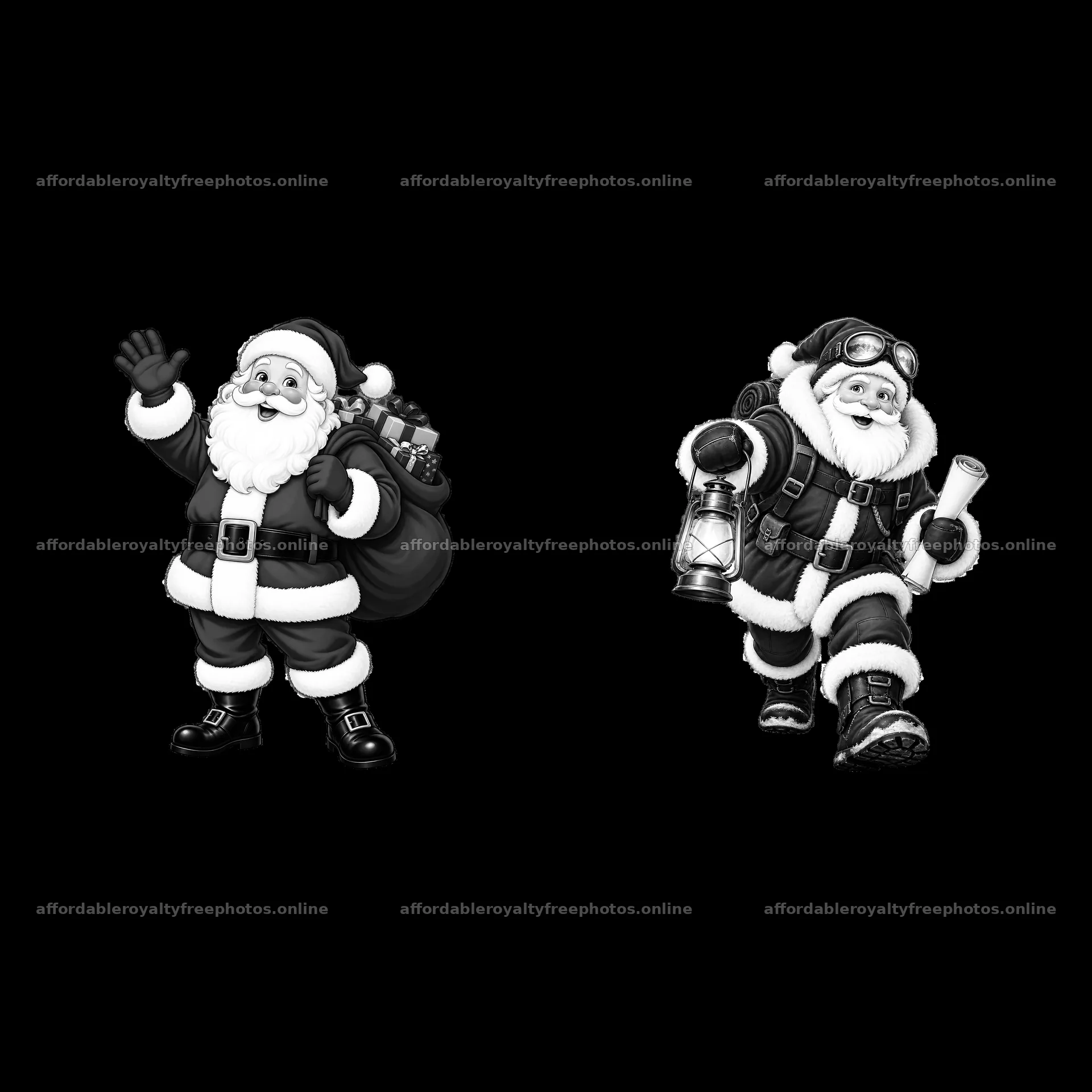 Two Santa Claus characters with different accessories and poses – royalty-free photos 7746x7746