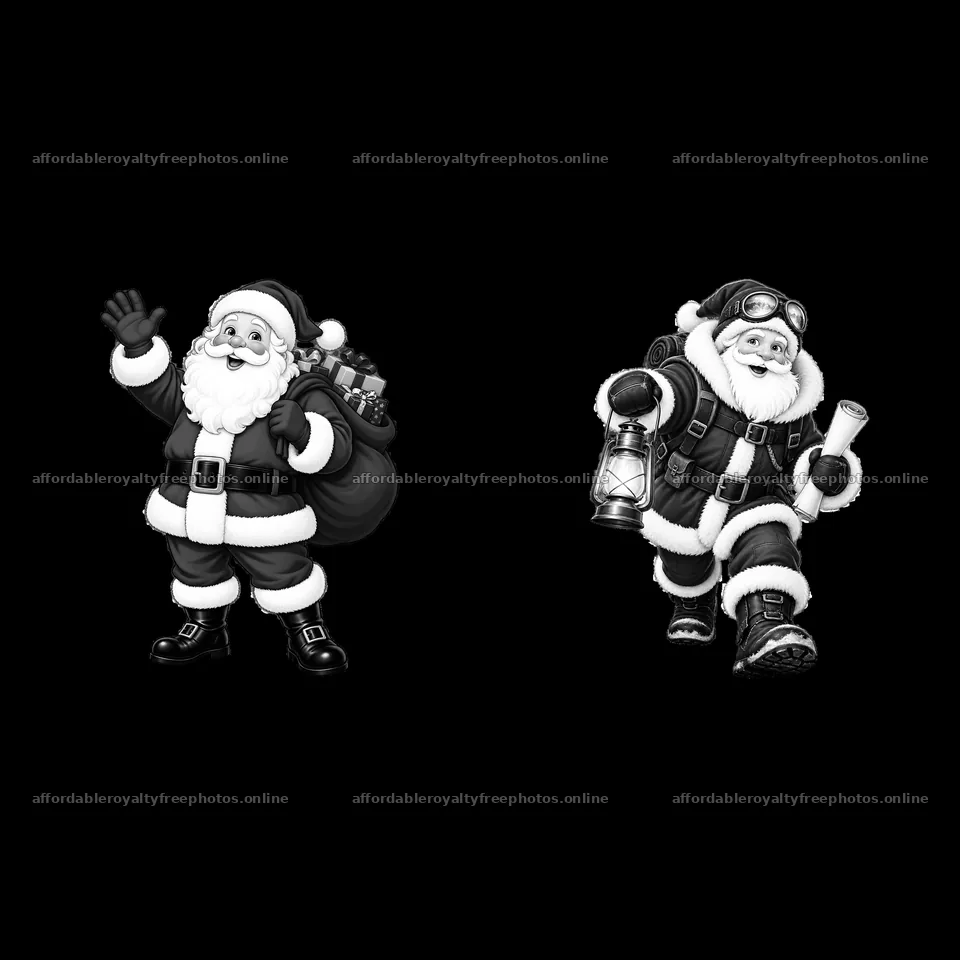 Two Santa Claus characters with different accessories and poses – royalty-free photos 7746x7746