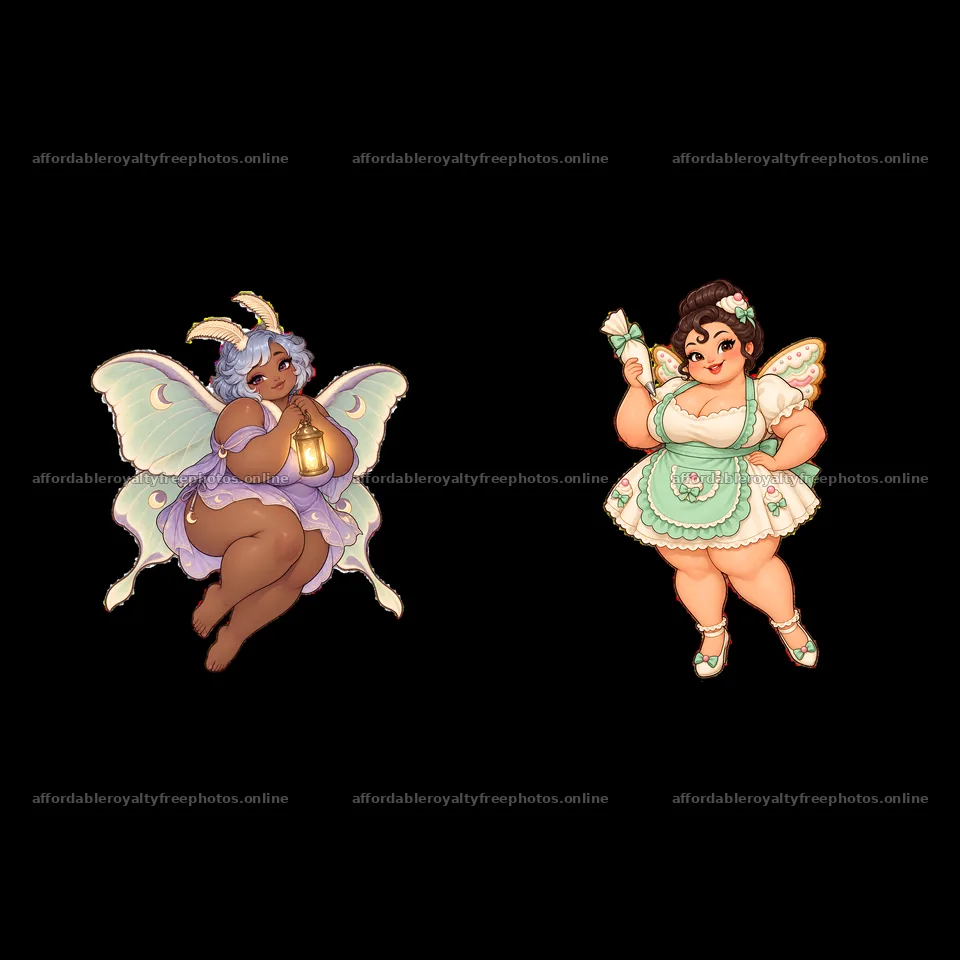 Kawaii ultra-fat fairy characters with lantern and wand – royalty-free photos 7746x7746