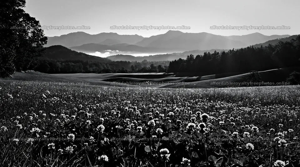 Rolling valley meadows with flowers and distant mountains – royalty-free photos 10608x5938