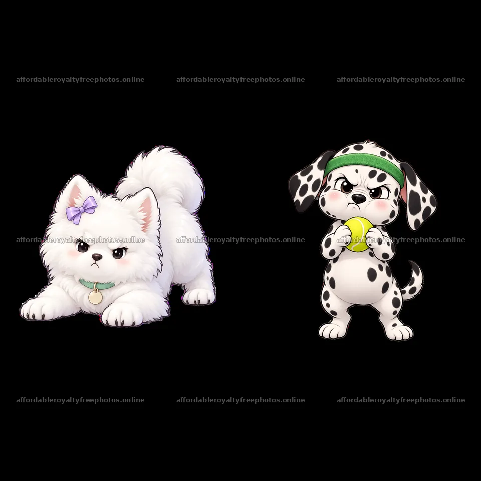 Kawaii grumpy dog duo with accessories and expressions – royalty-free photos 7746x7746
