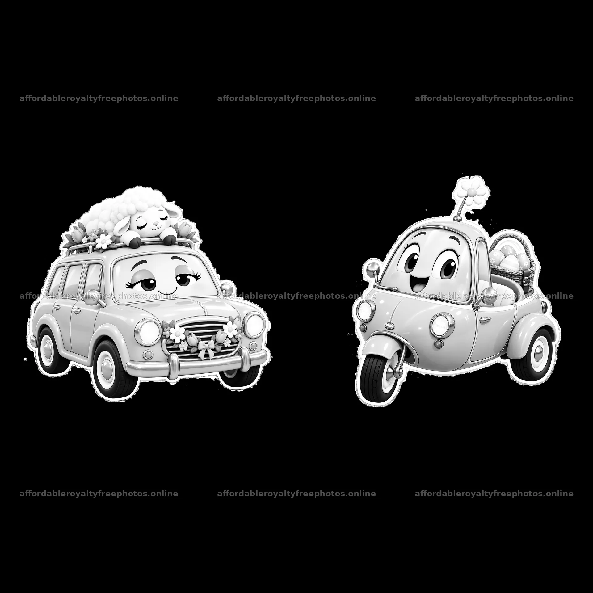Easter-themed car and scooter with playful decorations – royalty-free photos 7746x7746