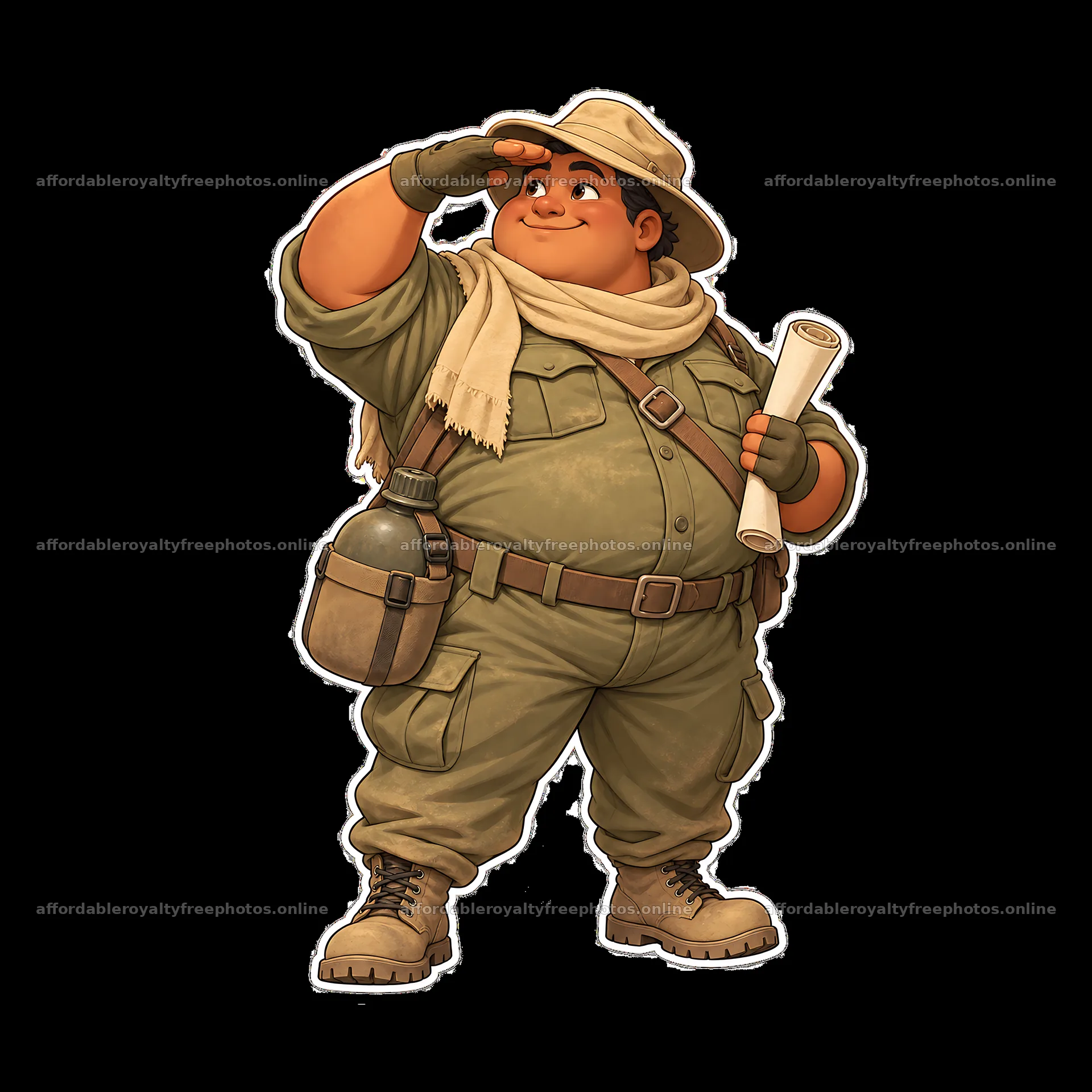 Chubby soldier saluting with map in outdoor adventure – royalty-free photos 7746x7746