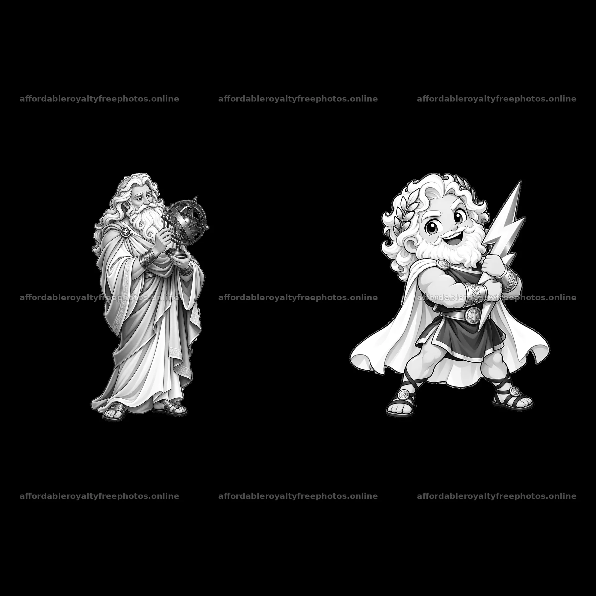 Zeus holding a globe and Zeus with lightning bolt in – royalty-free photos 7746x7746