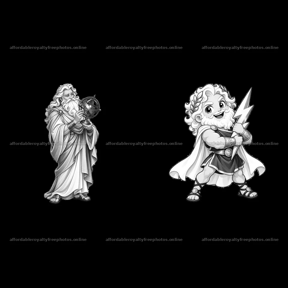 Zeus holding a globe and Zeus with lightning bolt in – royalty-free photos 7746x7746