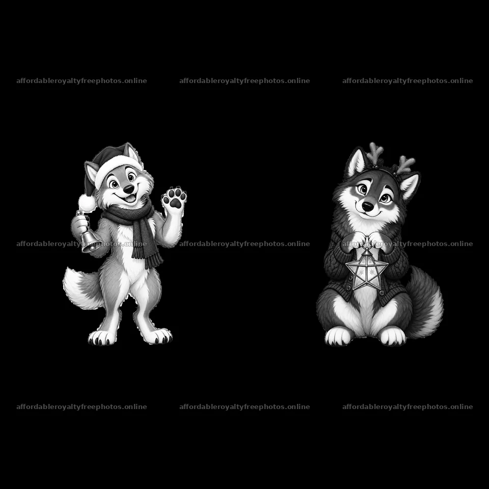 Christmas wolves wearing festive accessories and holding – royalty-free photos 7746x7746