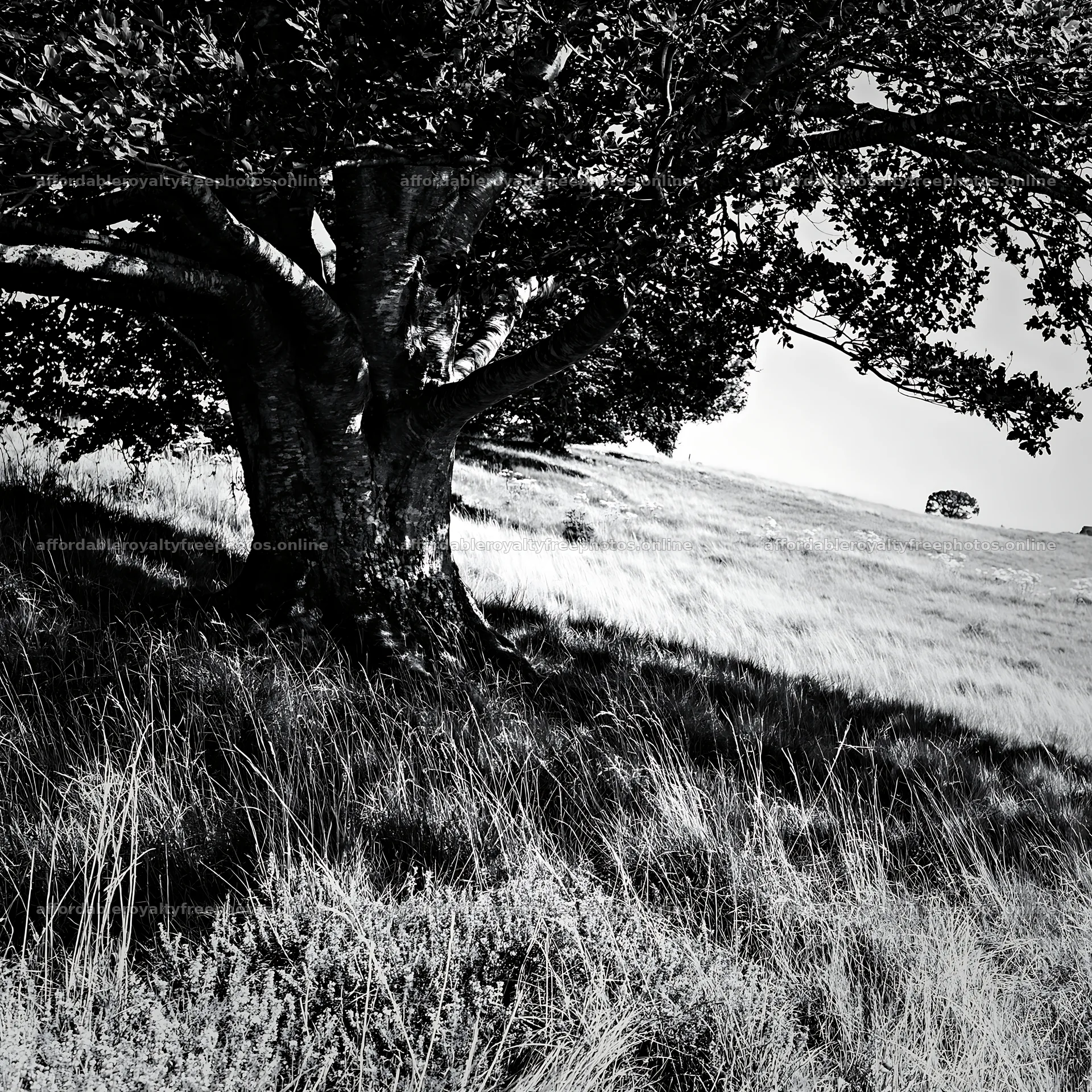Sunny dry meadow hillside with a large tree in black and – royalty-free photos 7938x7938
